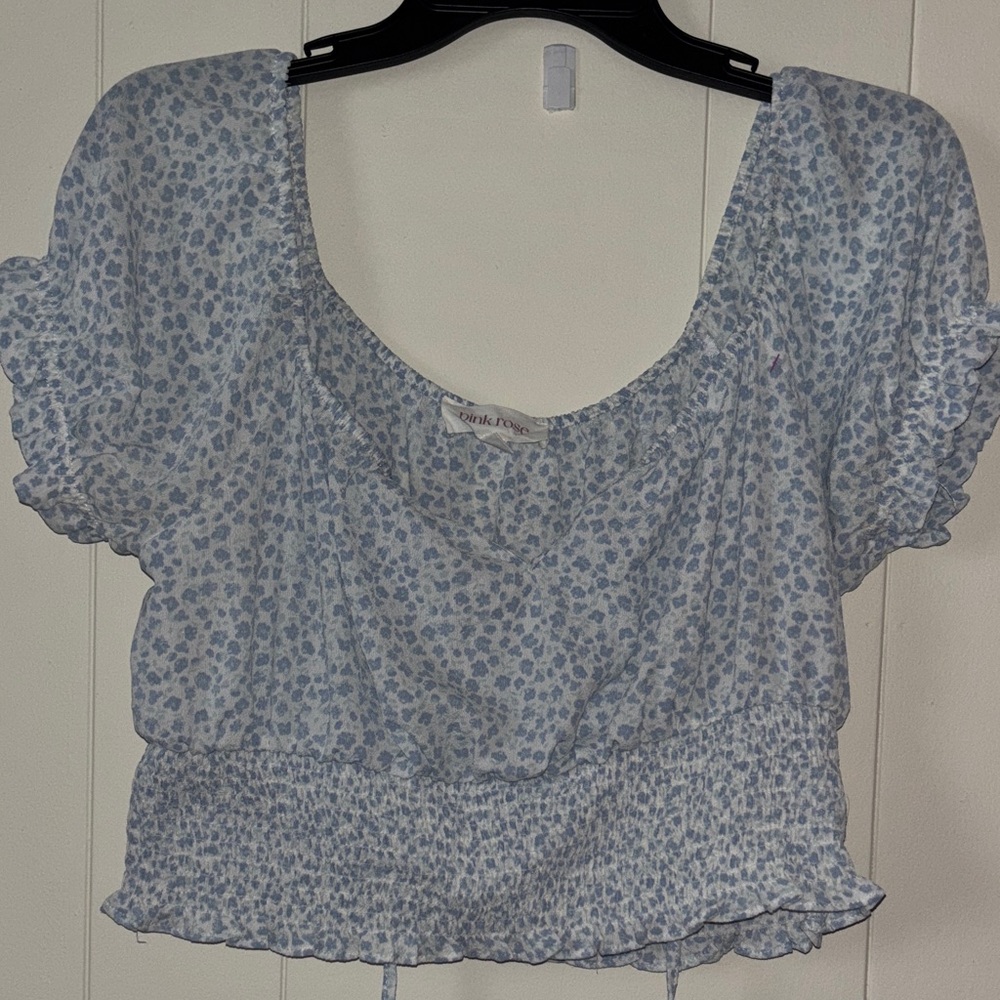 Pink Rose Light Blue Floral Blouse